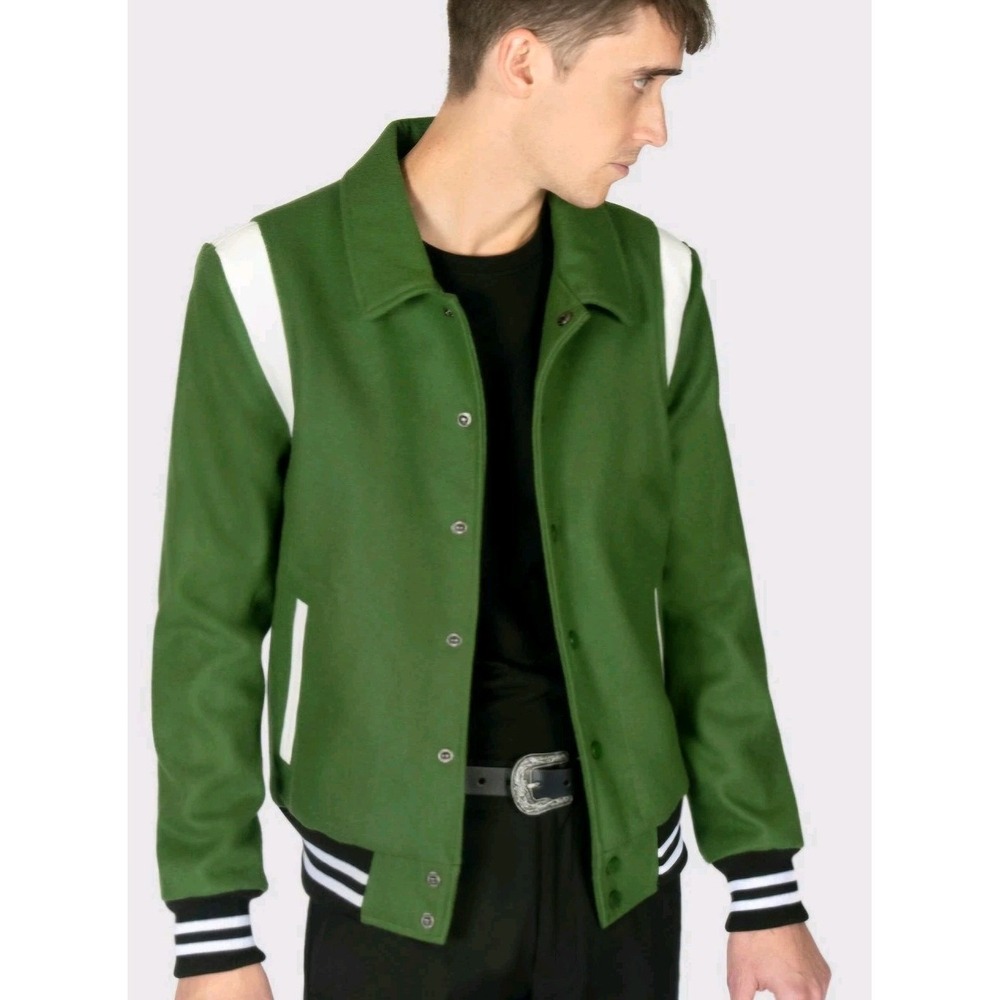 Straight To Hell Men's Jet Varsity Jacket Green Wool Blend Leather Trim Size XL